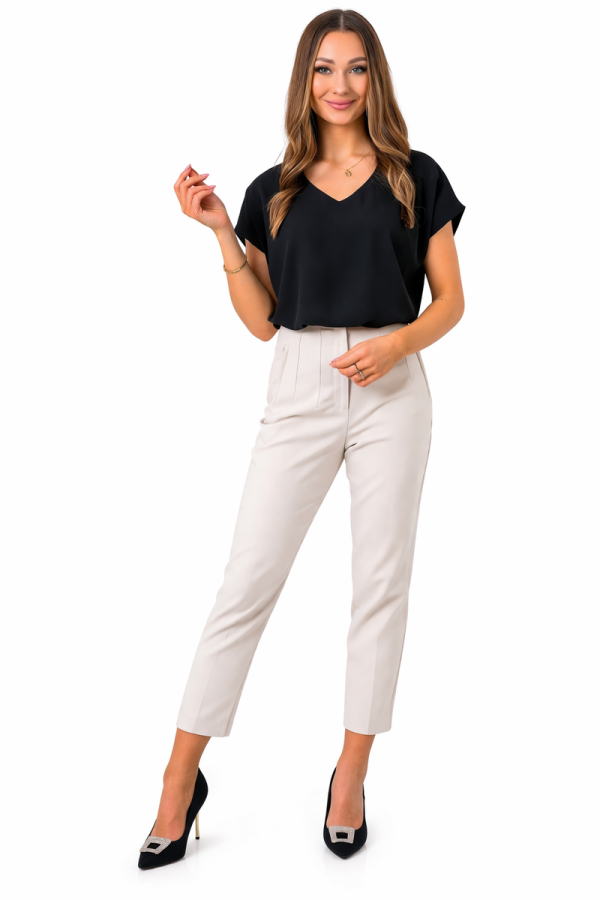 Bluzka Damska Elegancka V-neck Luźna Wizytowa Krótki Rękaw Premium - czarny